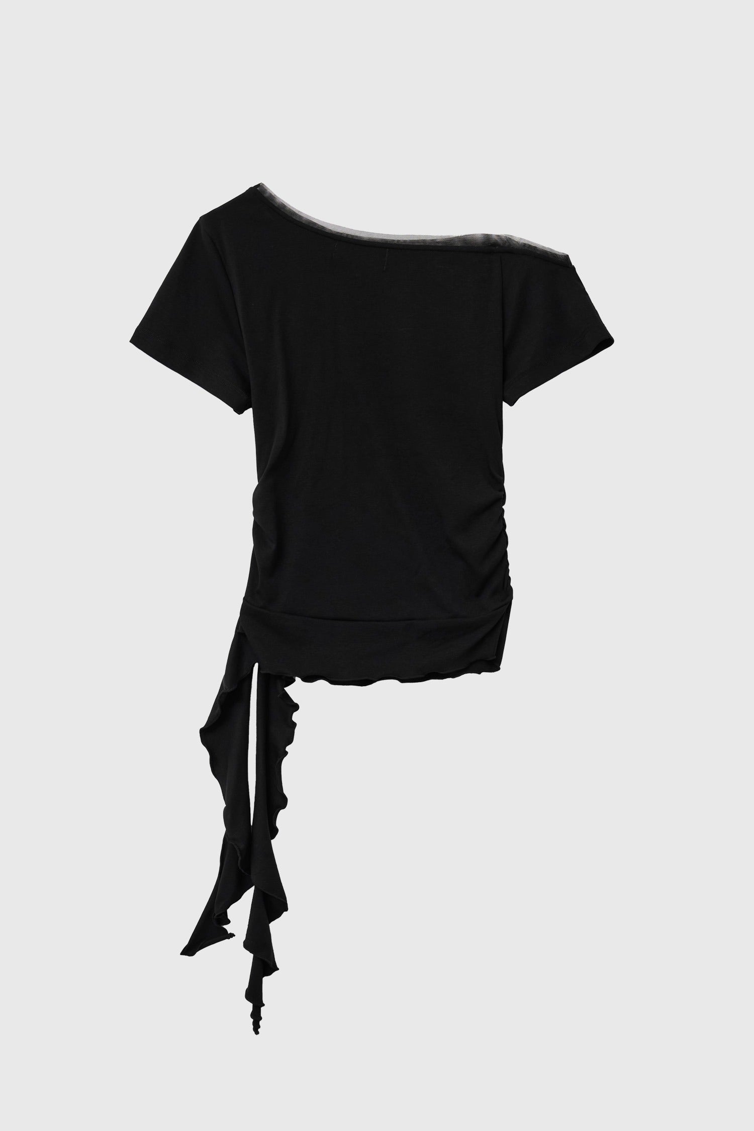 [General Idea] Mesh Trimming One Shoulder T-Shirt / Black